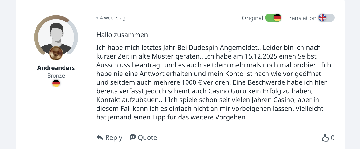 DudeSpin Casino Guru Selbstausschluss Problem Deutschland