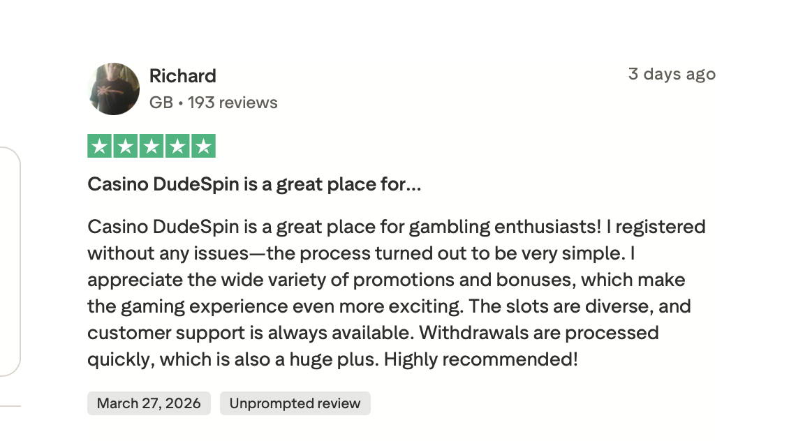 DudeSpin Trustpilot positive Registrierung Großbritannien